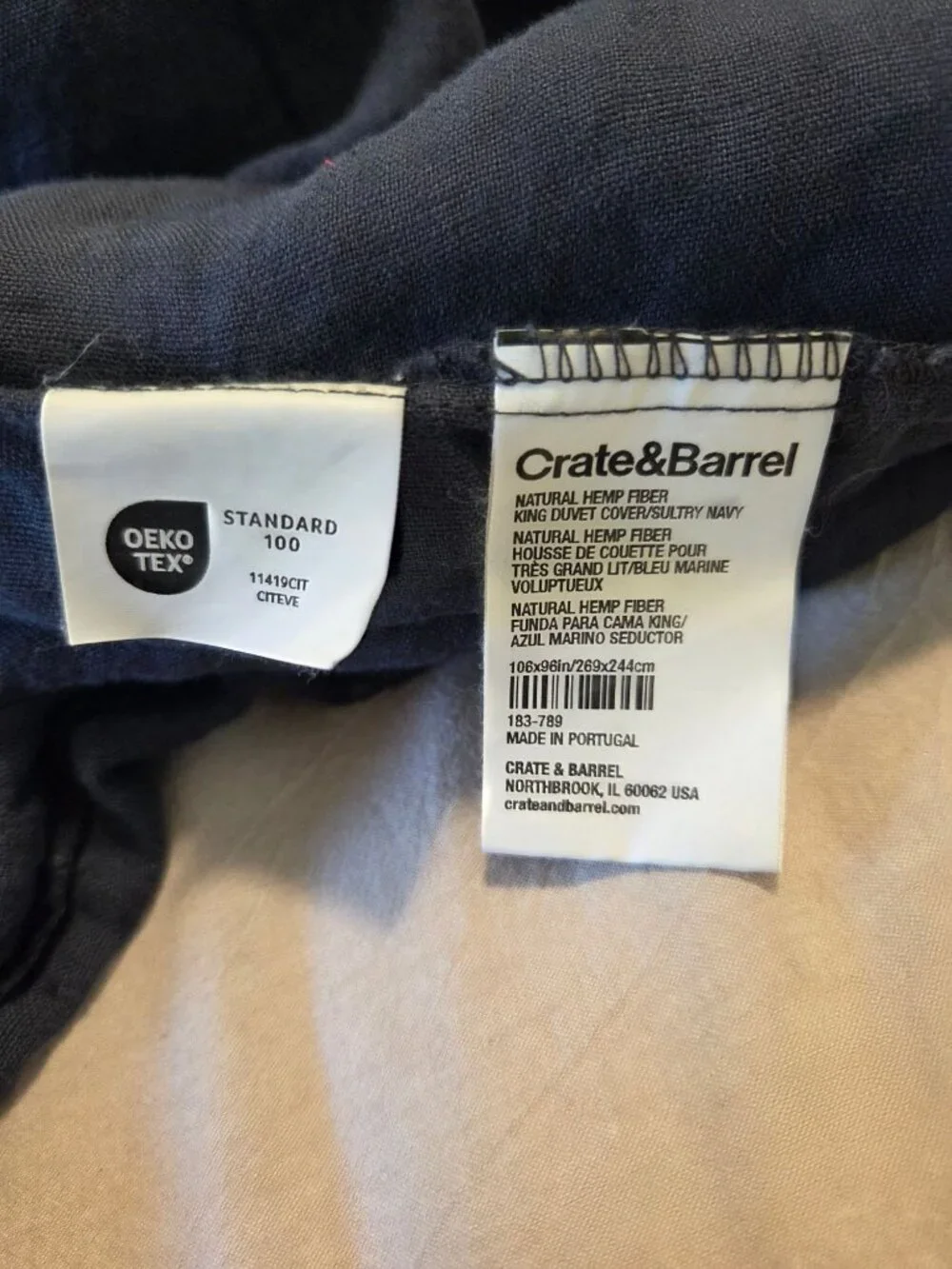 Crate & Barrel Natural Hemp King Duvet Cover Navy Oeko-Tex Standard 100